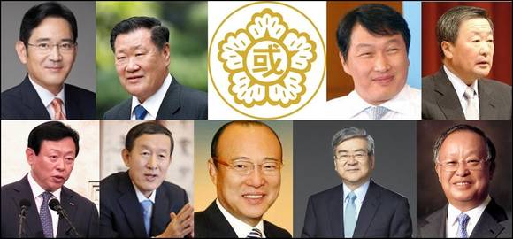 좌측부터 이재용 삼성전자 부회장, 정몽구 현대자동차그룹 회장, 최태원 SK그룹 회장, 구본무 LG그룹 회장 신동빈 롯데그룹 회장, 허창수 GS그룹 회장, 김승연 한화그룹 회장, 조양호 한진그룹 히장, 손경식 CJ그룹 회장